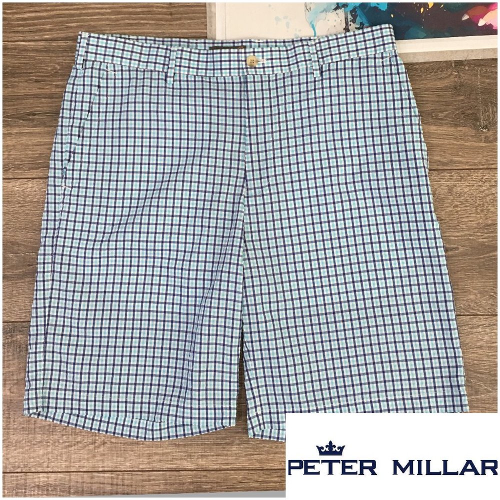 Peter Millar Blue and White Checkered Men's Flat Front Shorts